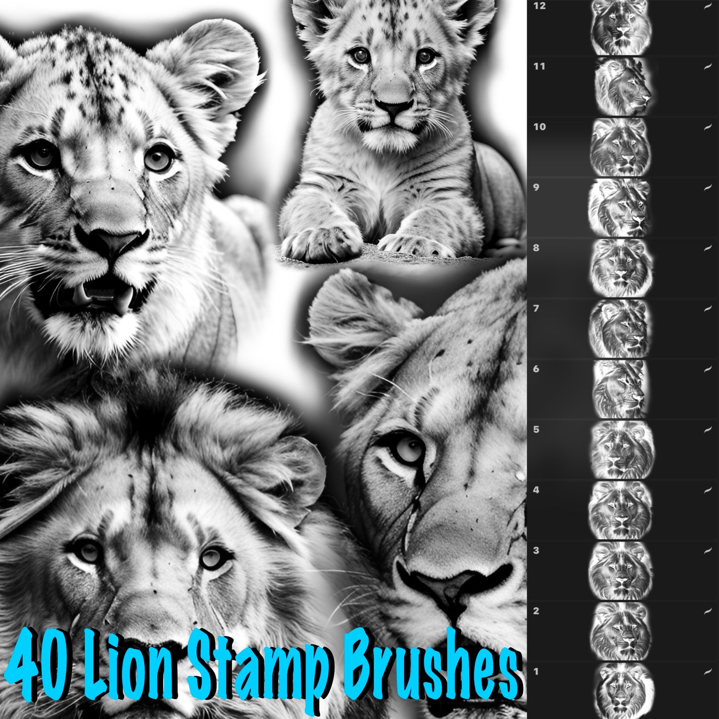 40 high‑res lion stamp brushes for Procreate—capturing detailed manes & expressions