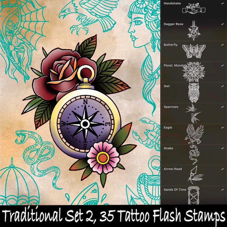 Traditional tattoo flash bundle of 144 Procreate brushes (roses, skulls, daggers, animals