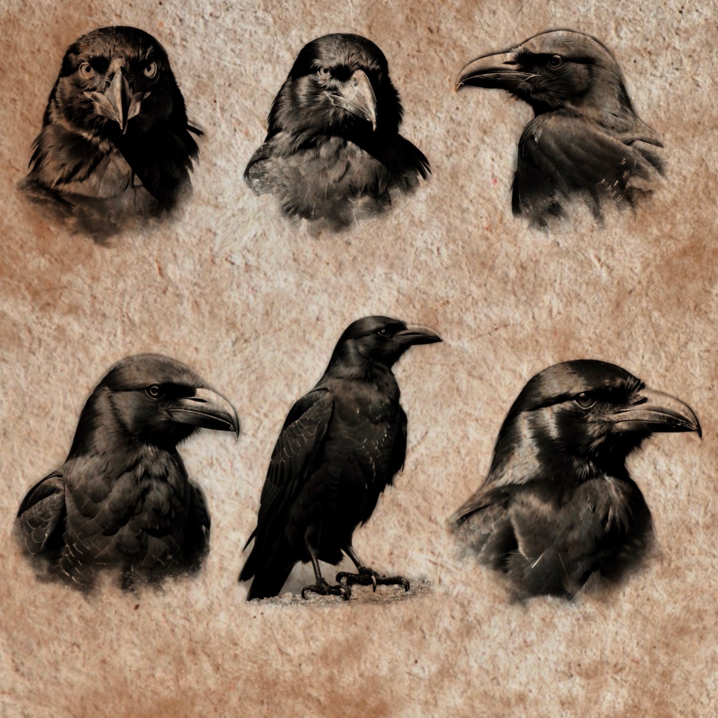 Detailed Procreate stamp brushes of ravens and crows—flying, perched, and calling