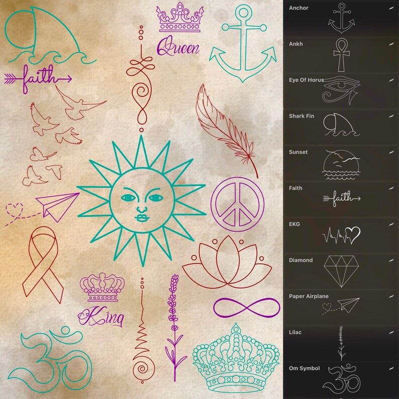 Bundle of 105 basic tattoo flash stamps—bangers and keep‑it‑basic sets—for Procreate