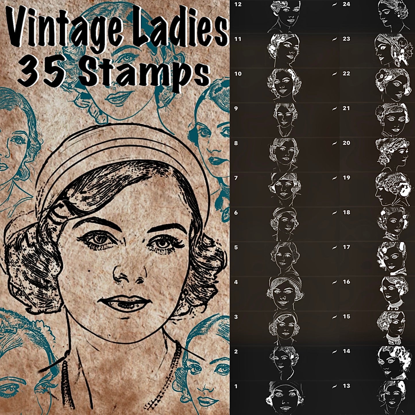 Vintage-style lady tattoo flash stamps for Procreate—classic poses and ornamental details
