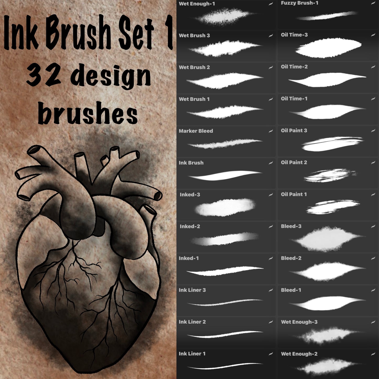32 Procreate ink brushes for tattoo-style line art