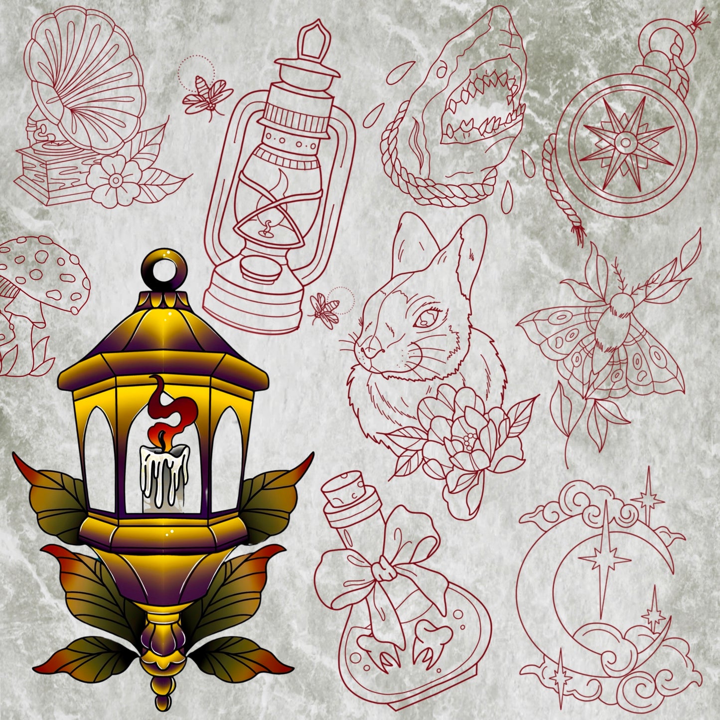 50 neo‑traditional Procreate flash stamps—beetles, moths, candles, daggers, birds, flowers