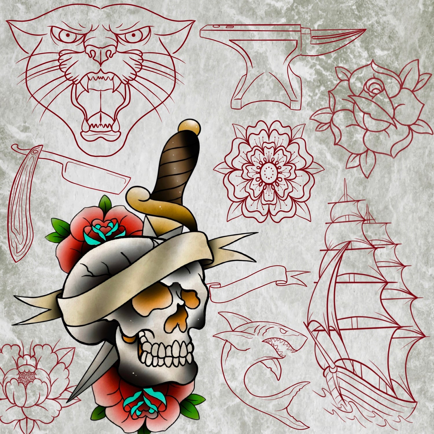 109 classic tattoo flash stamps – roses, skulls, daggers, bulldog, shark, panther for Procreate