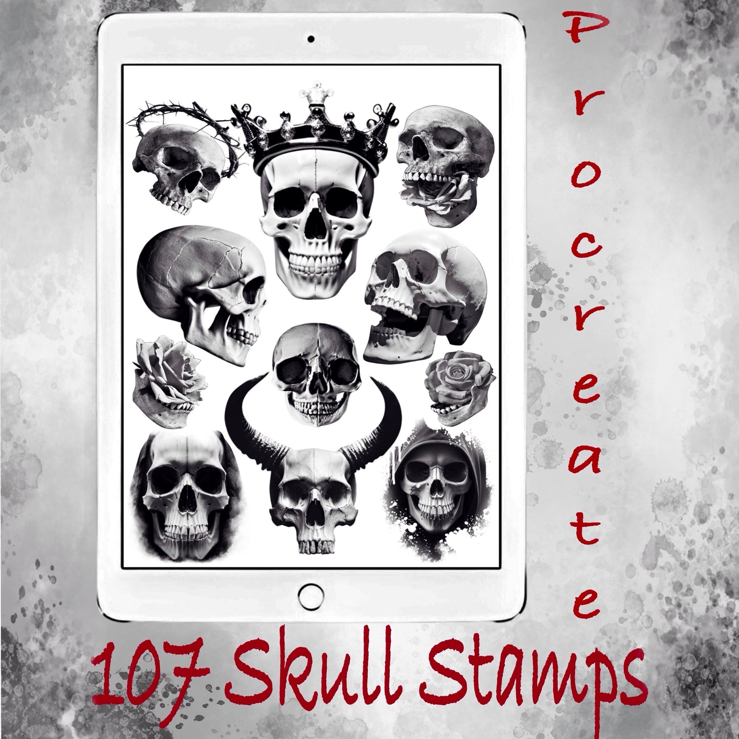 Realistic skull flash stamps for Procreate—angled views, jaw details, and shading-ready designs