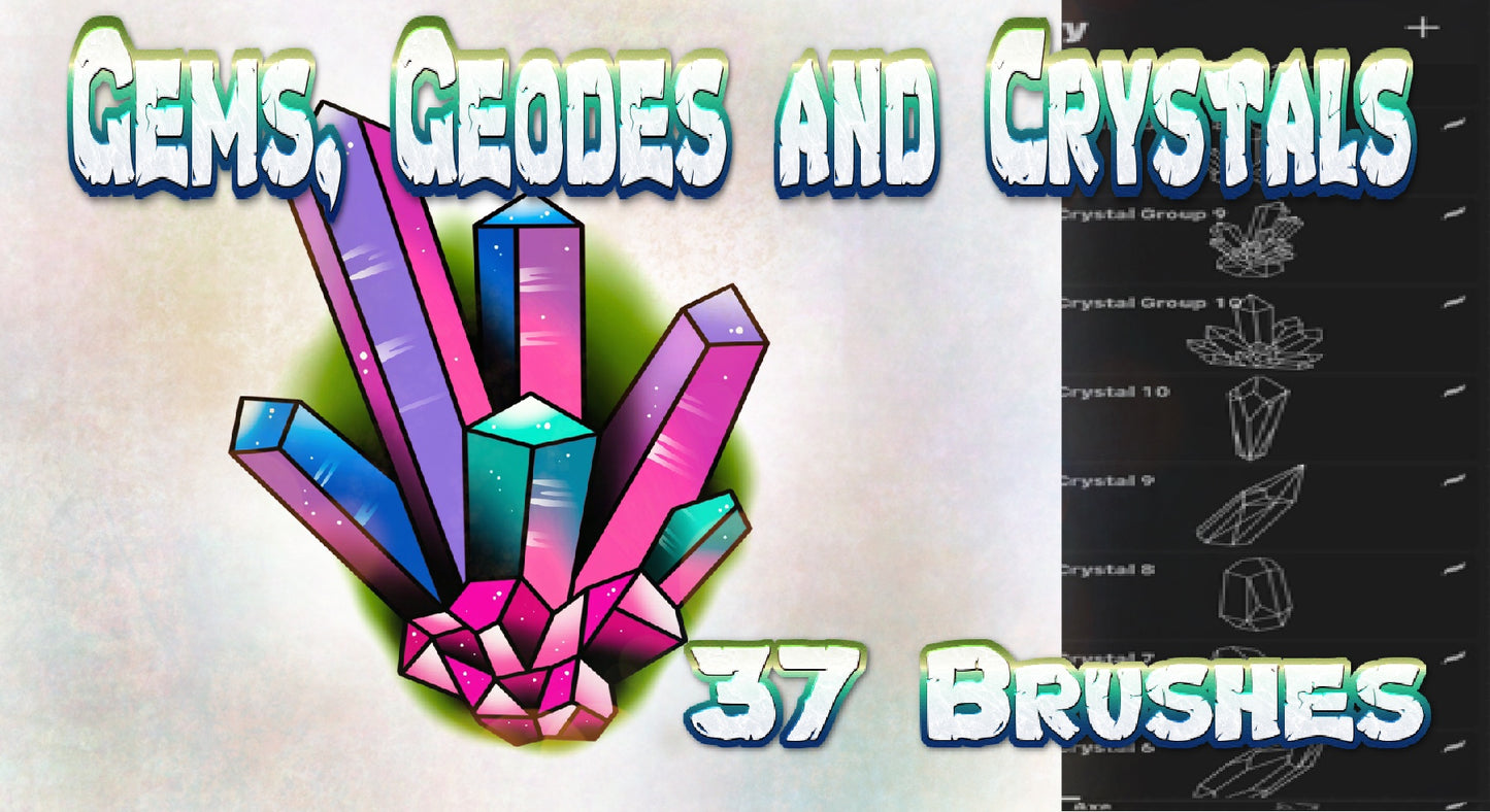 37 crystals, gems and geodes tattoo flash stamps for Procreate