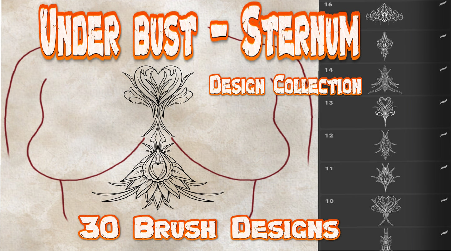 30 flash stamps optimized for under‑bust and sternum tattoos, ready for color or grayscale