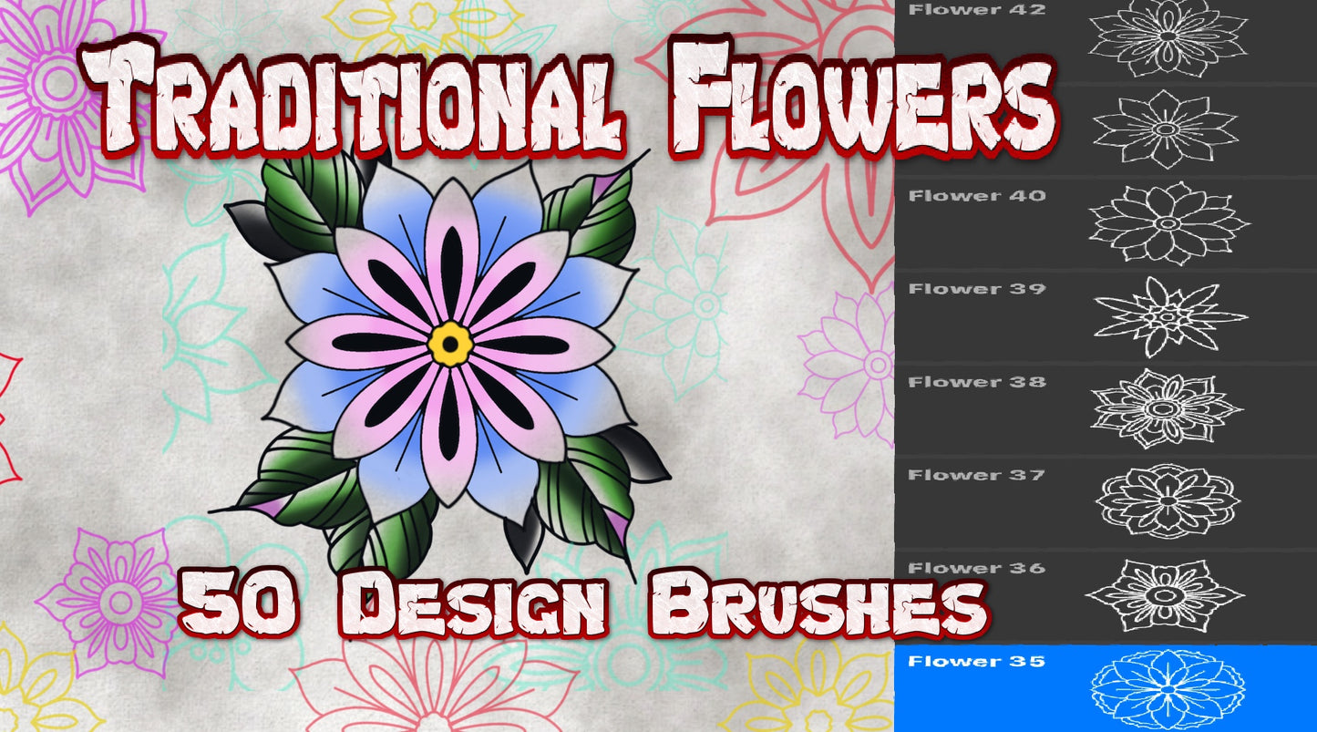 Traditional-style flower flash stamps for Procreate—bold lines, classic shapes