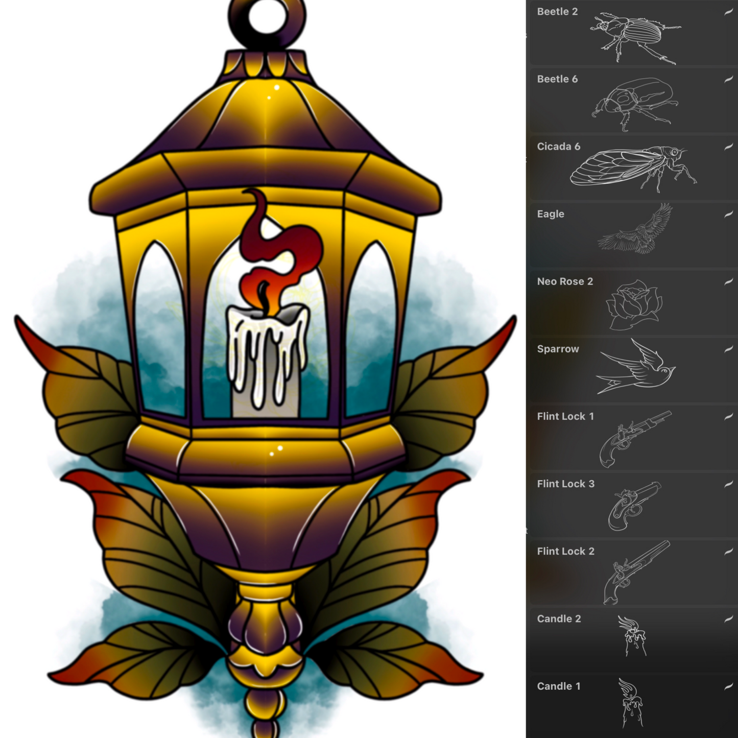 50 neo‑traditional Procreate flash stamps—beetles, moths, candles, daggers, birds, flowers
