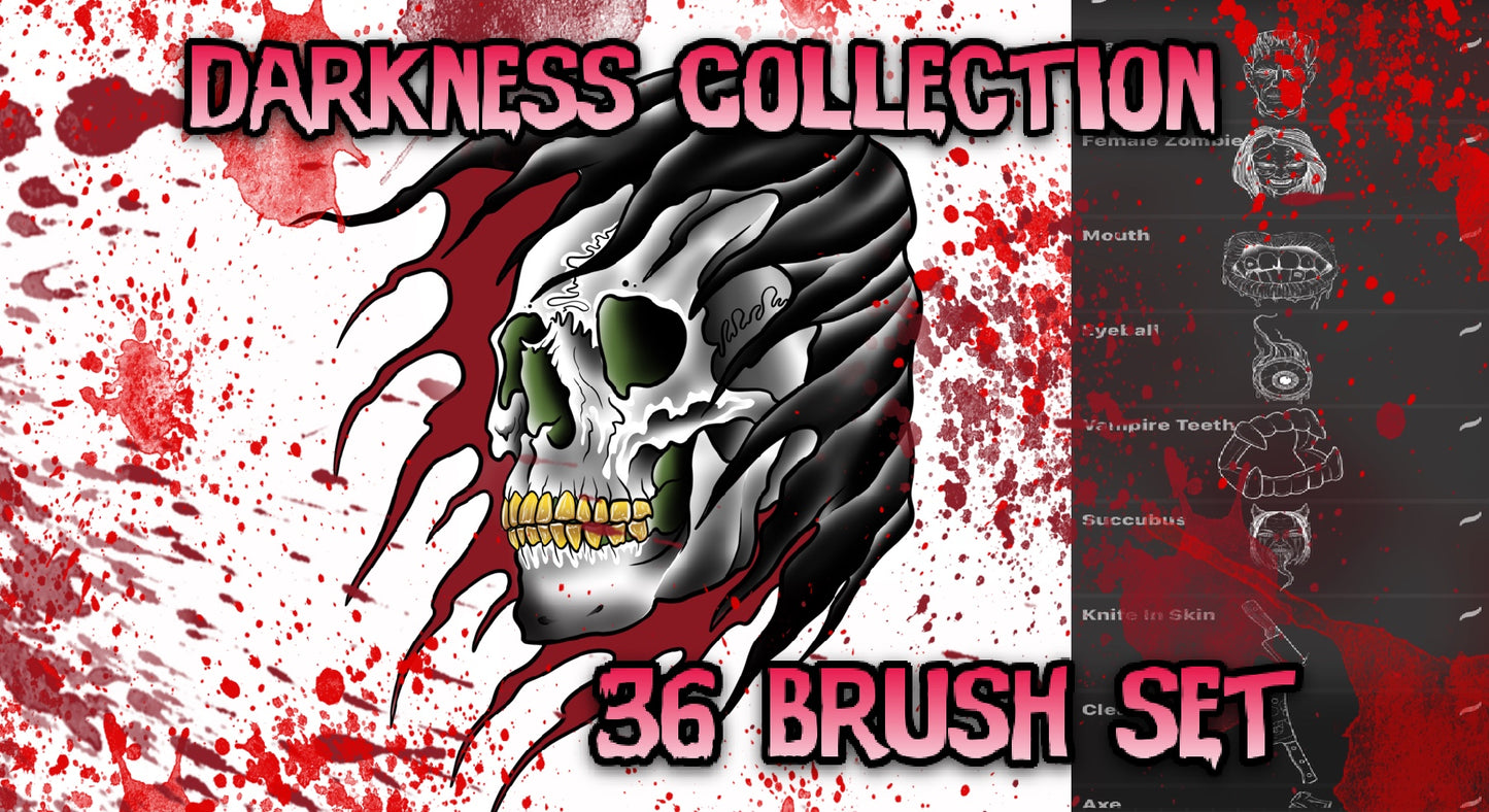 36 dark neo‑traditional tattoo flash stamps (vampires, spiders, skulls) for Procreate