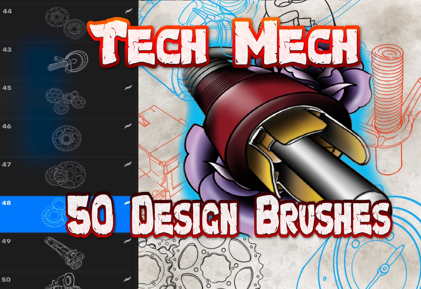 50 tech‑mech tattoo flash stamps—gears, tools, circuit parts for Procreate