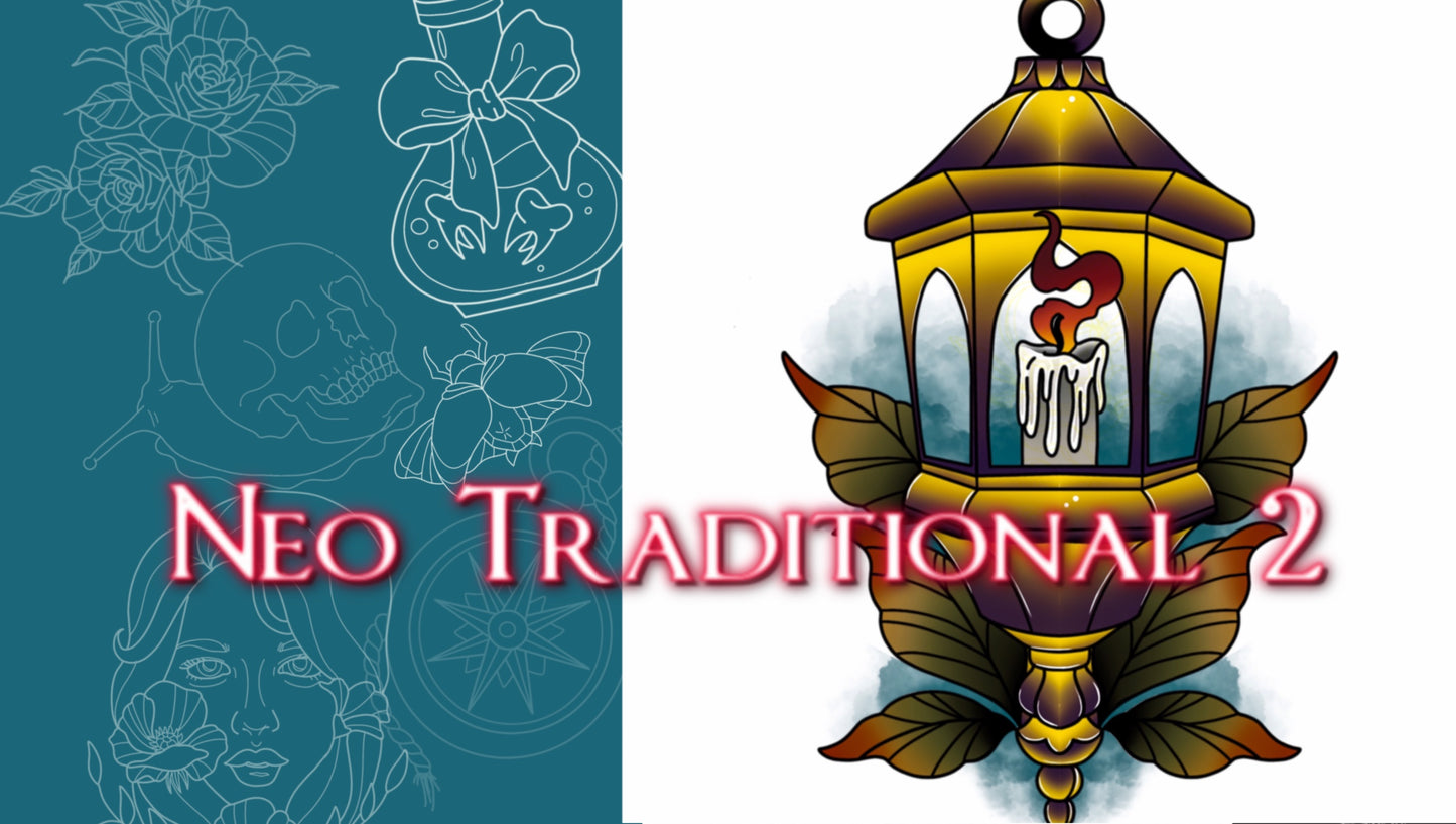 50 neo‑traditional Procreate flash stamps—beetles, moths, candles, daggers, birds, flowers