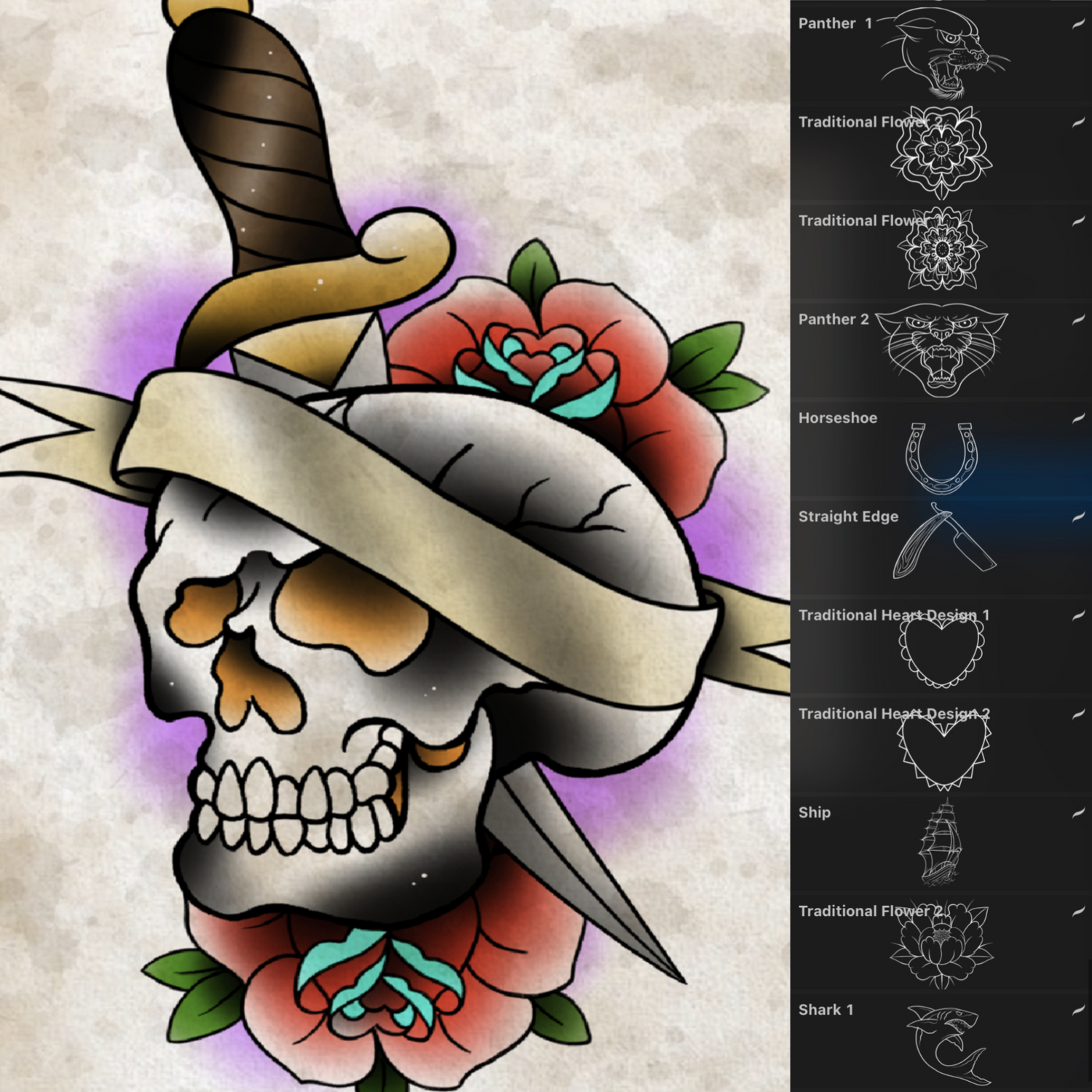 109 classic tattoo flash stamps – roses, skulls, daggers, bulldog, shark, panther for Procreate