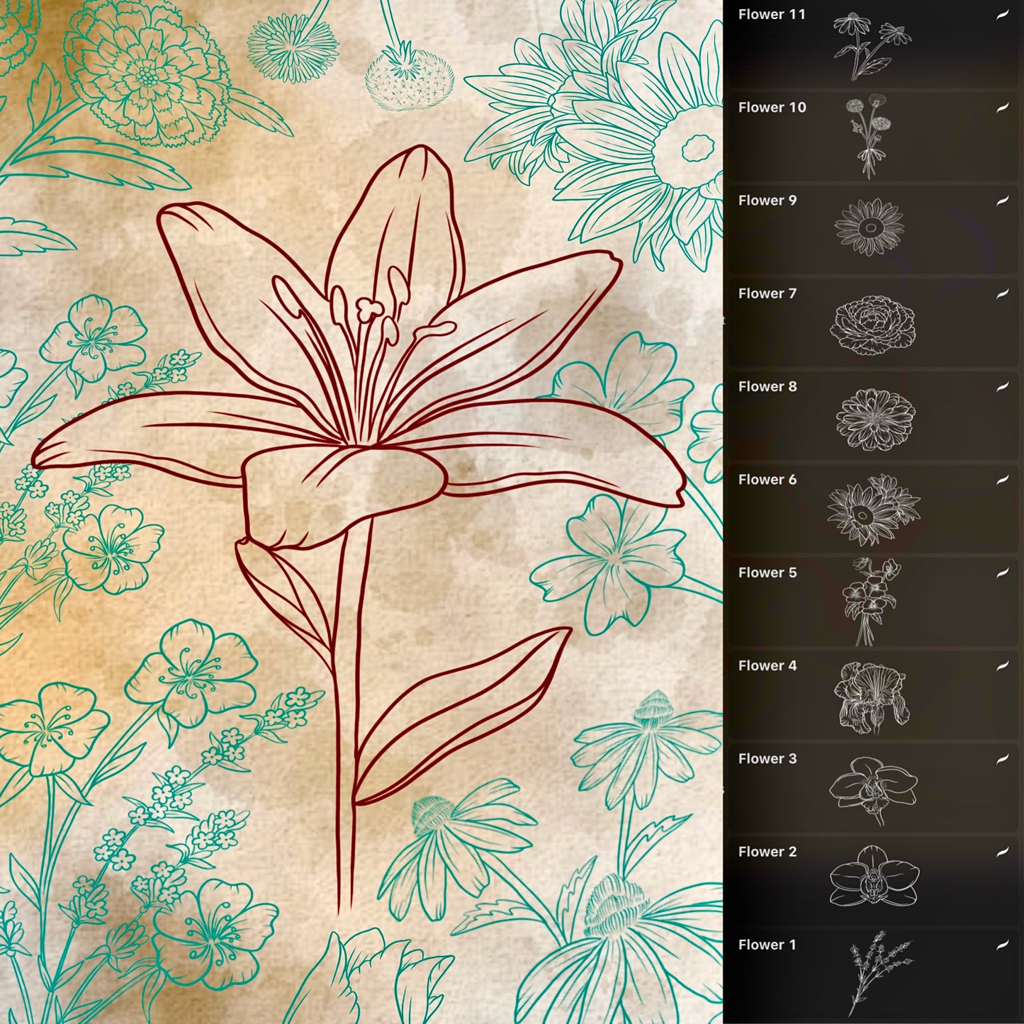30 floral tattoo flash stamps for Procreate—roses, leaves, blossoms