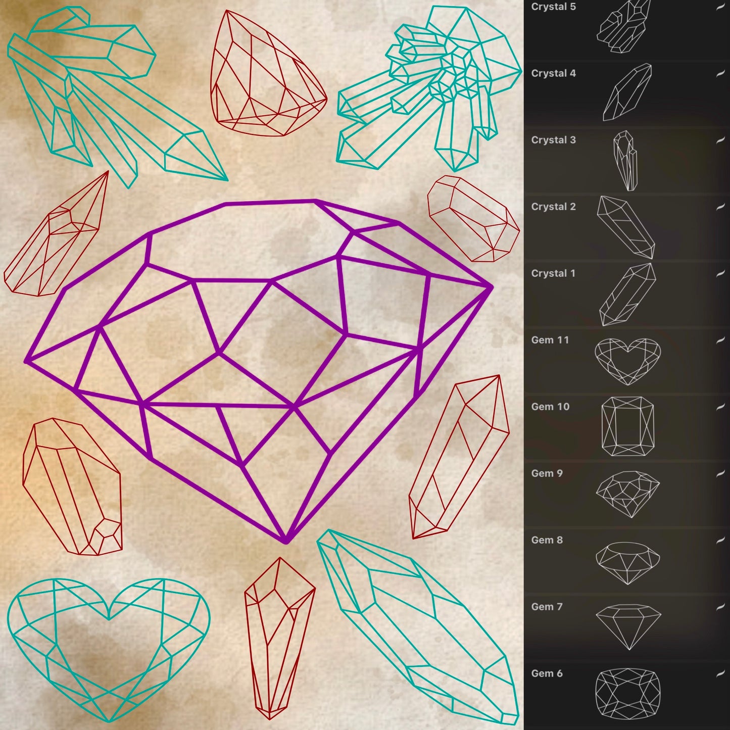 37 crystals, gems and geodes tattoo flash stamps for Procreate