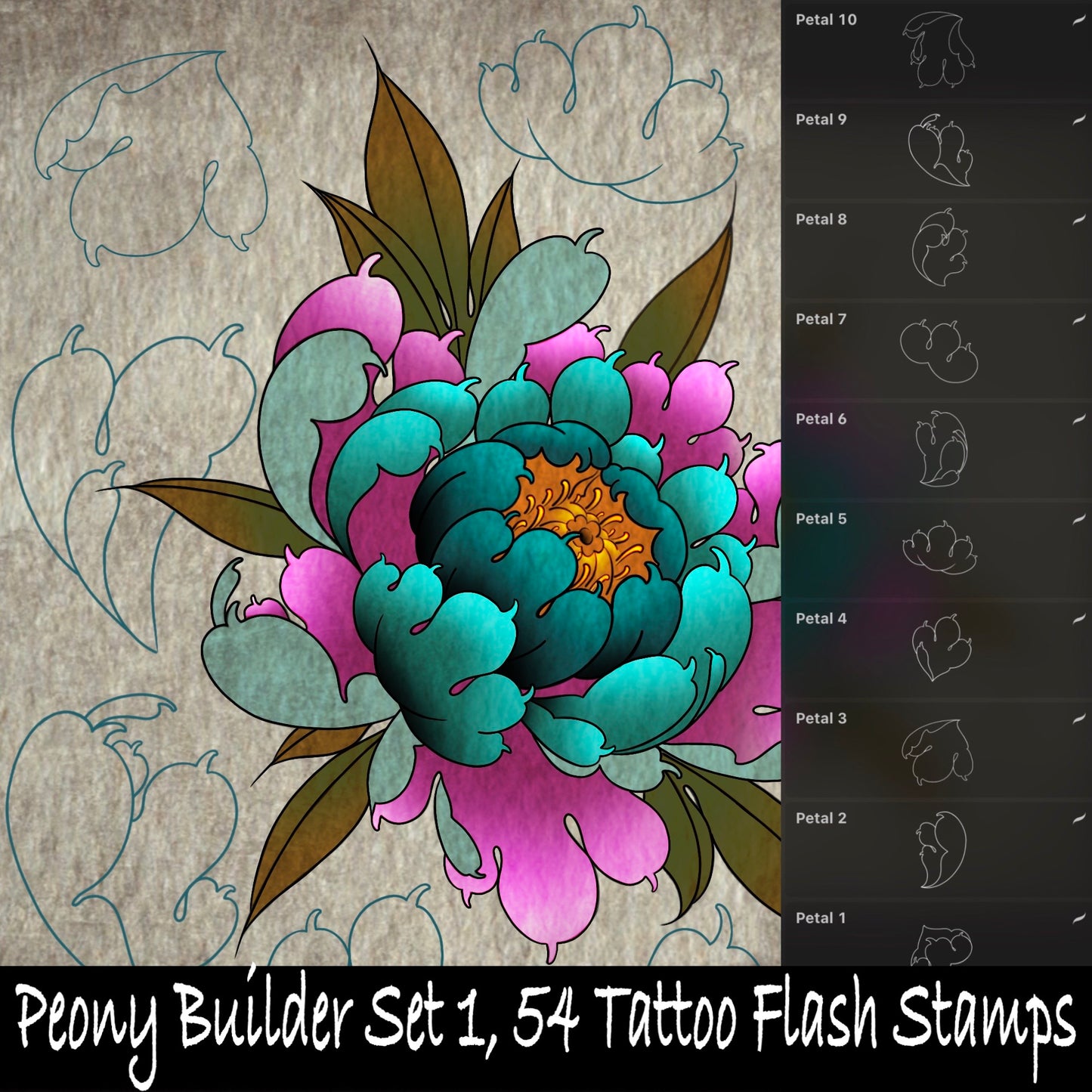 Peony builder stamp set for Procreate—layered petals and outlines for tattoo peony creation