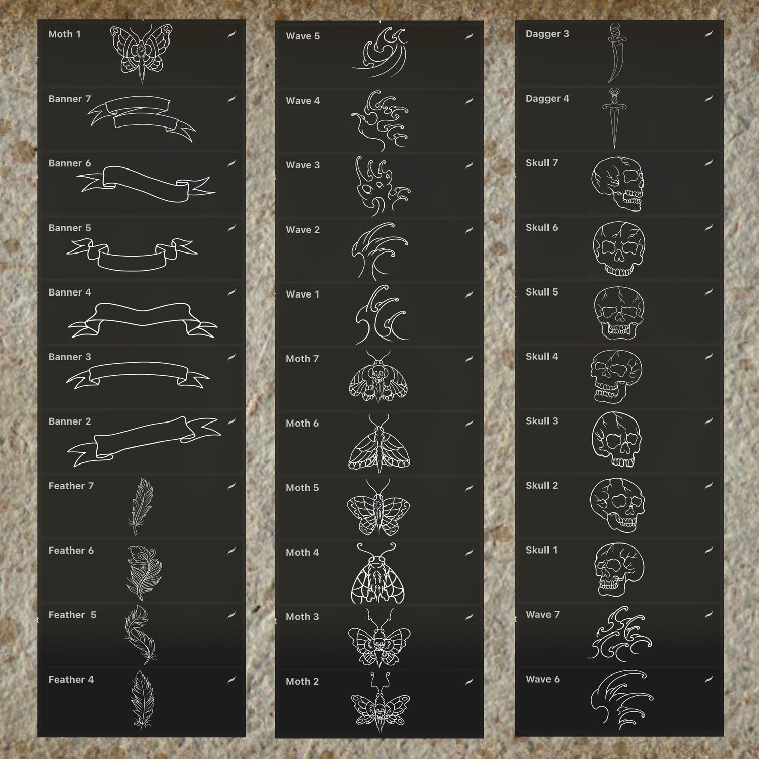 109 classic tattoo flash stamps – roses, skulls, daggers, bulldog, shark, panther for Procreate