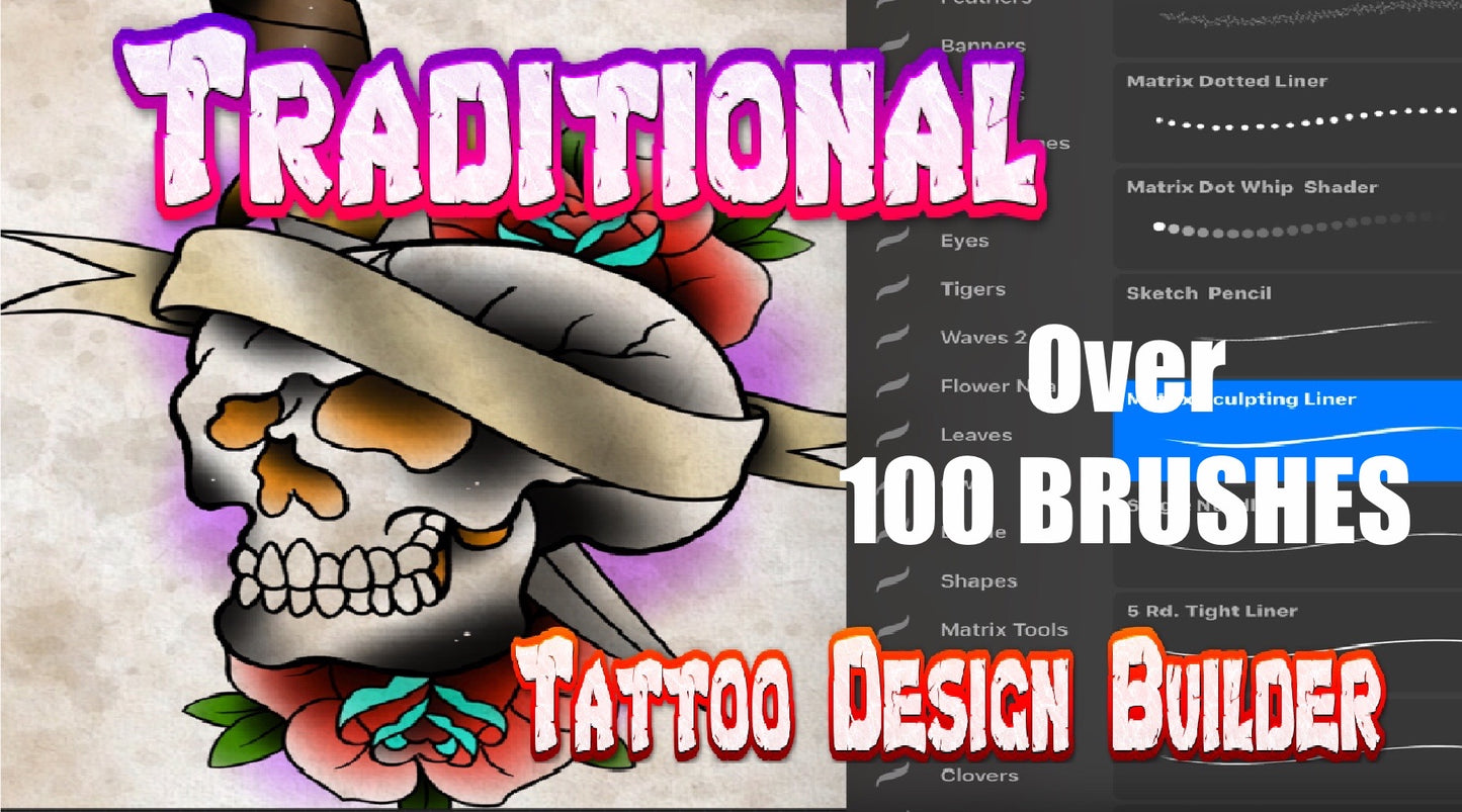 109 classic tattoo flash stamps – roses, skulls, daggers, bulldog, shark, panther for Procreate