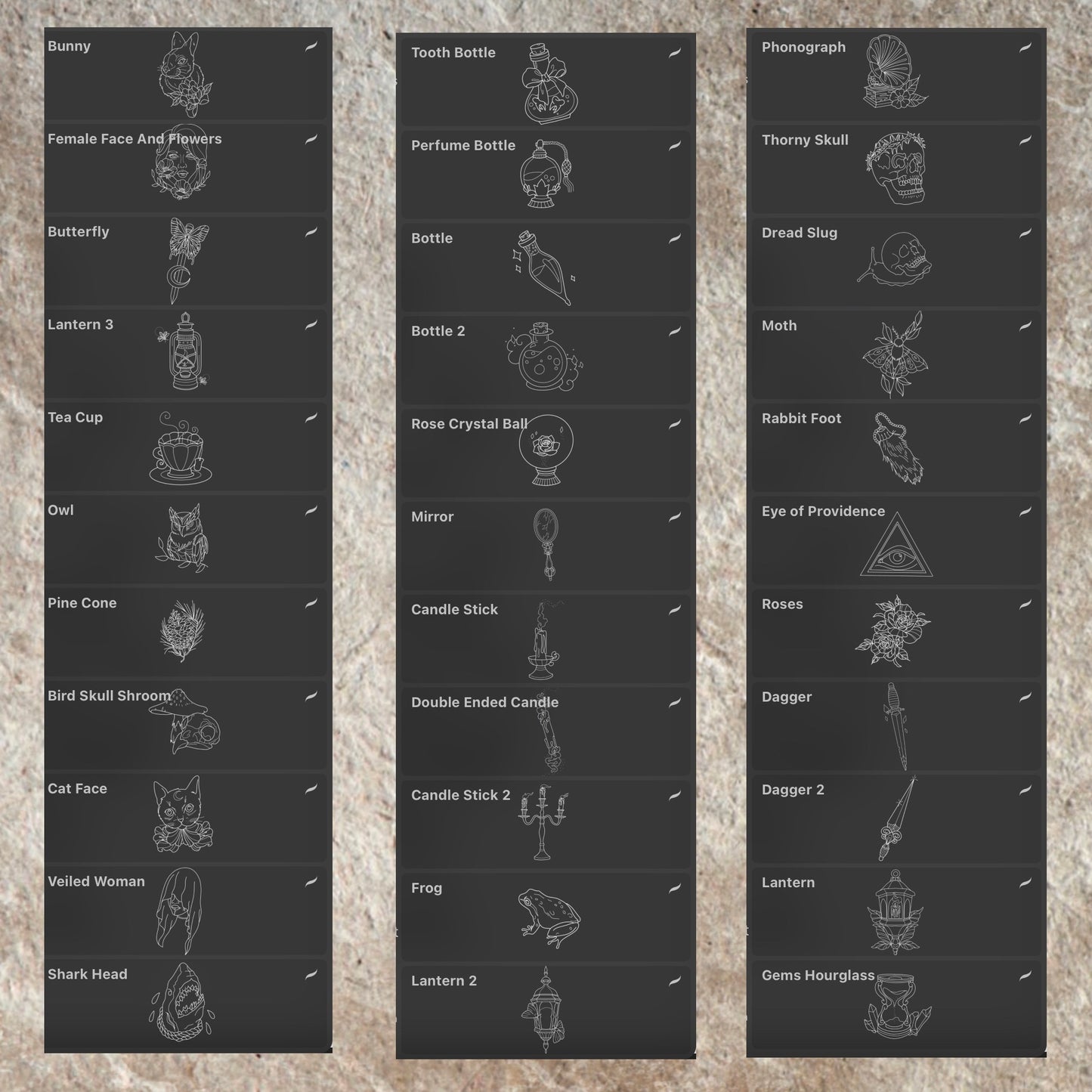 50 neo‑traditional Procreate flash stamps—beetles, moths, candles, daggers, birds, flowers