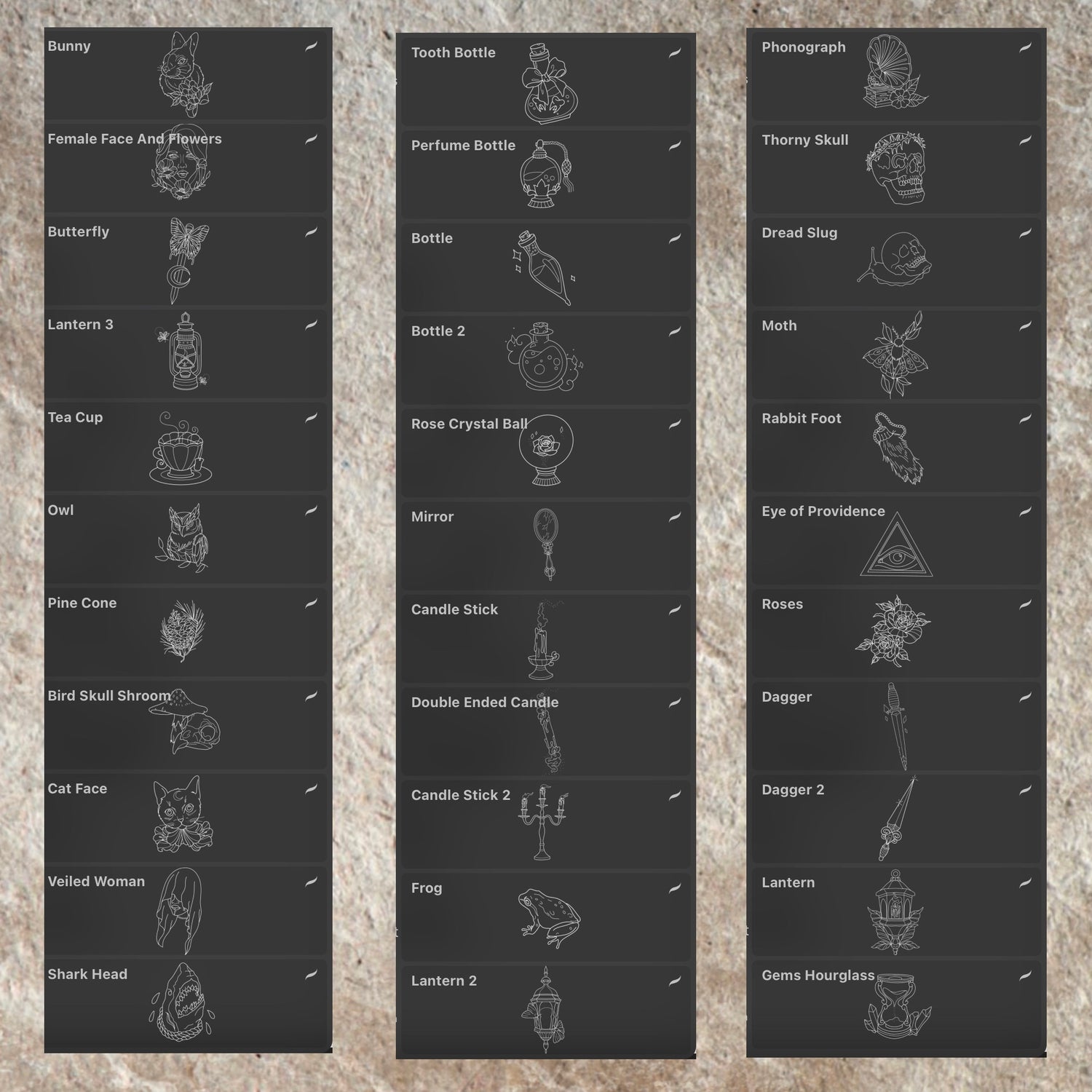 50 neo‑traditional Procreate flash stamps—beetles, moths, candles, daggers, birds, flowers