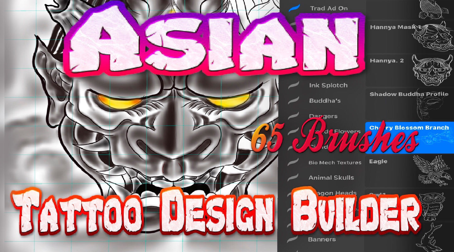 Set of 65 Asian‑style tattoo flash stamps for Procreate