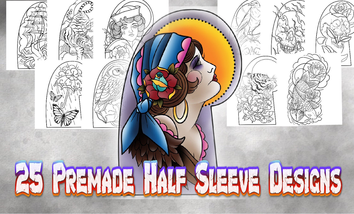 25 half‑sleeve tattoo flash stamps—florals, ornamental motifs for Procreate