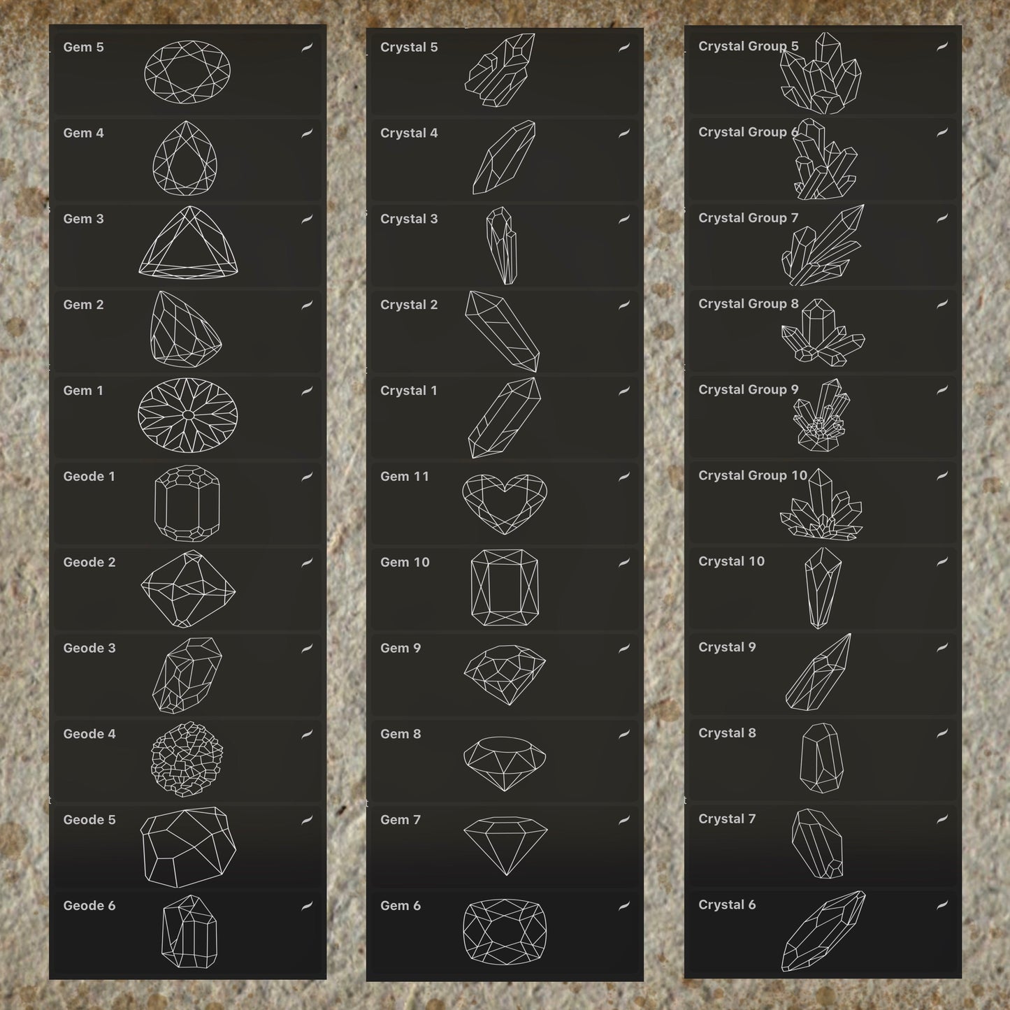 37 crystals, gems and geodes tattoo flash stamps for Procreate