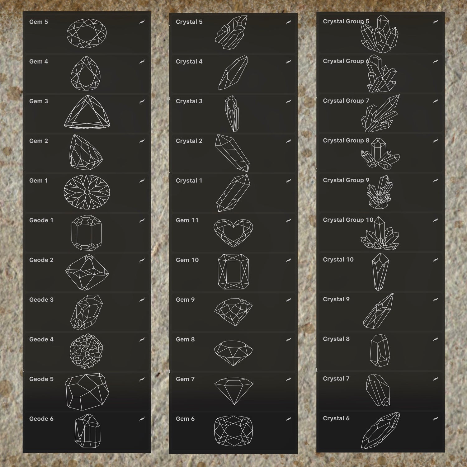 37 crystals, gems and geodes tattoo flash stamps for Procreate