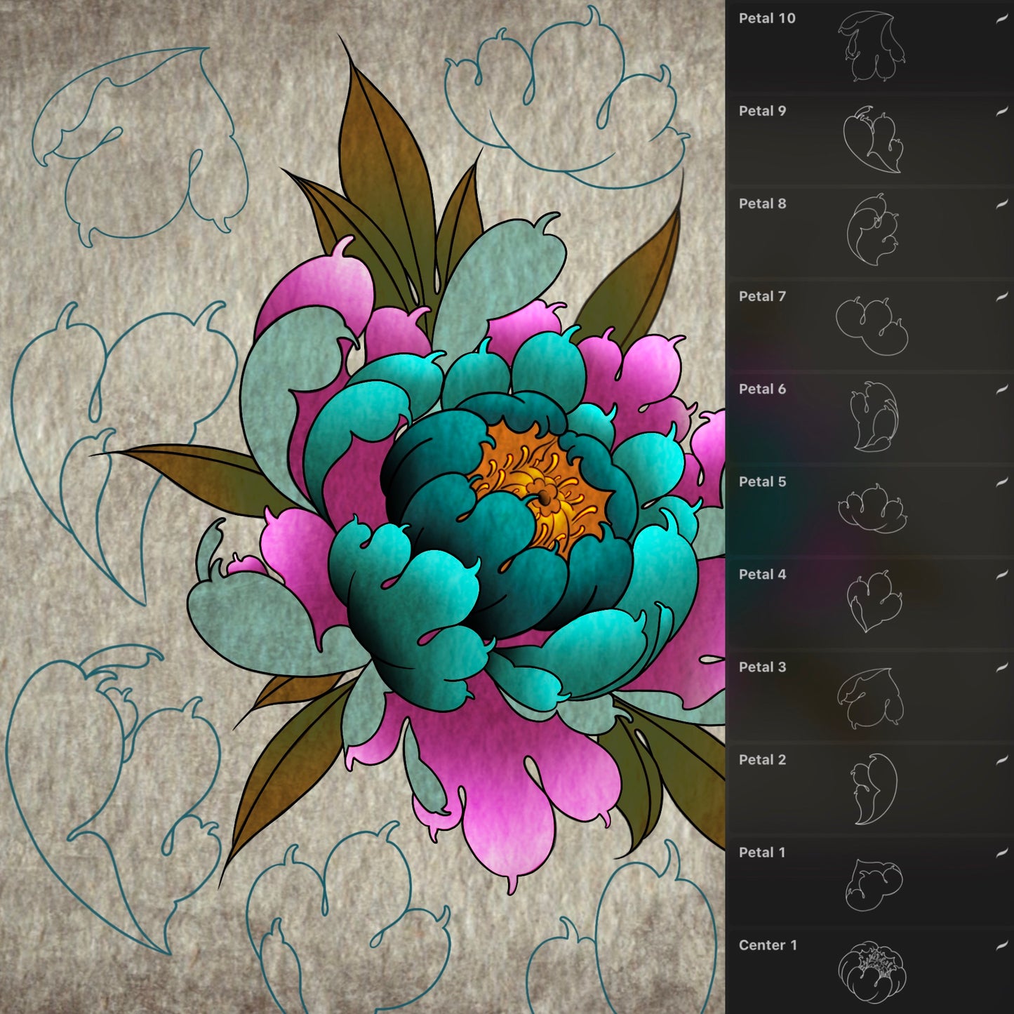 Peony builder stamp set for Procreate—layered petals and outlines for tattoo peony creation