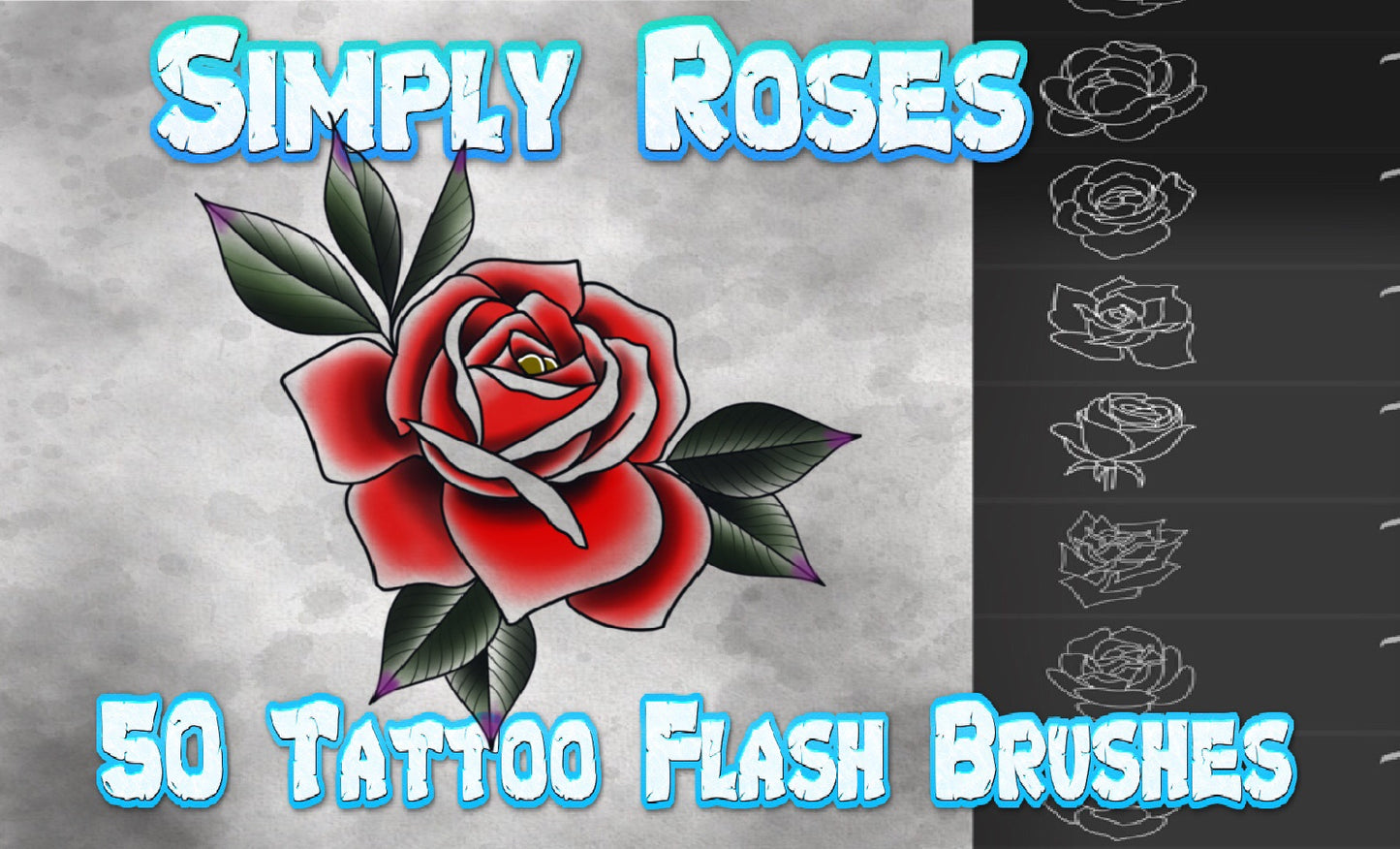 Procreate stamp set featuring realistic roses and coordinating leaves for floral tattoos