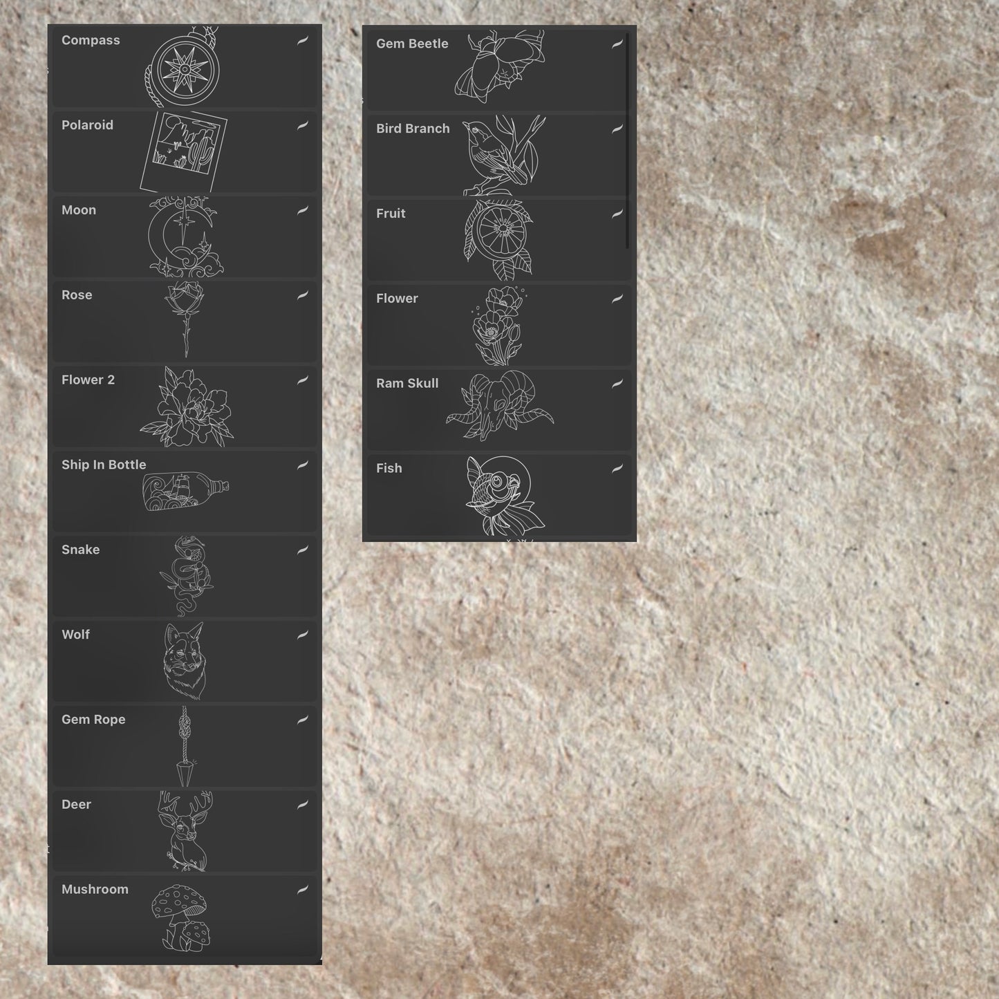 50 neo‑traditional Procreate flash stamps—beetles, moths, candles, daggers, birds, flowers