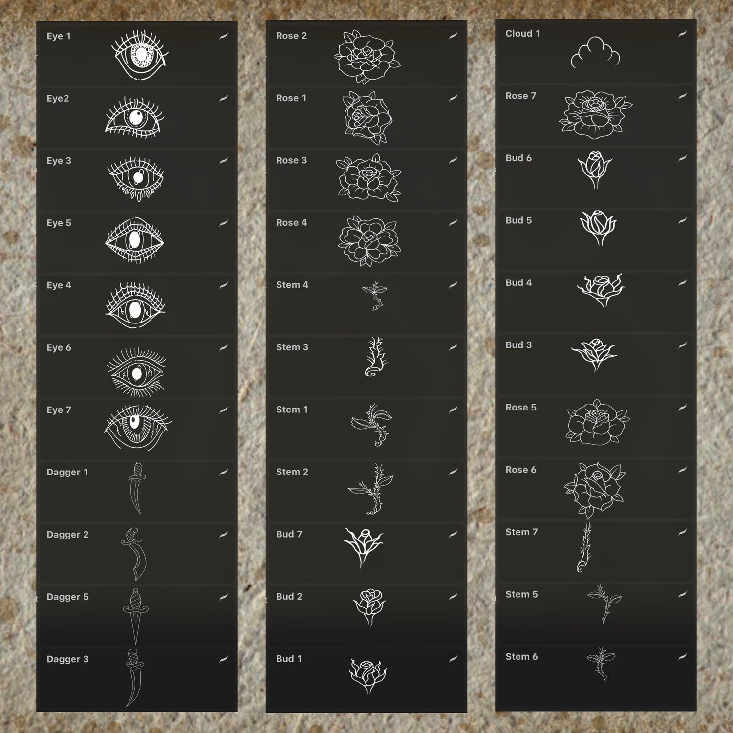 109 classic tattoo flash stamps – roses, skulls, daggers, bulldog, shark, panther for Procreate