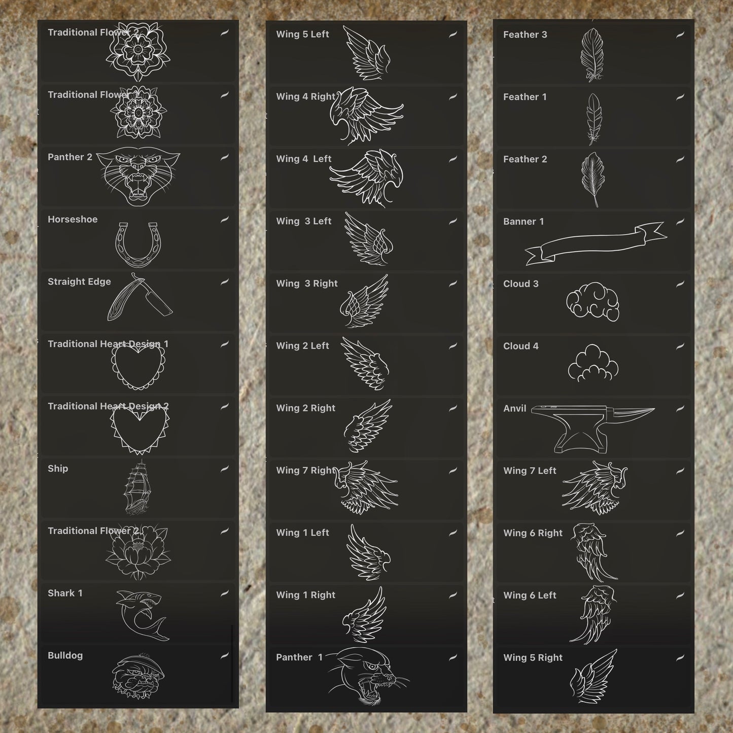 109 classic tattoo flash stamps – roses, skulls, daggers, bulldog, shark, panther for Procreate