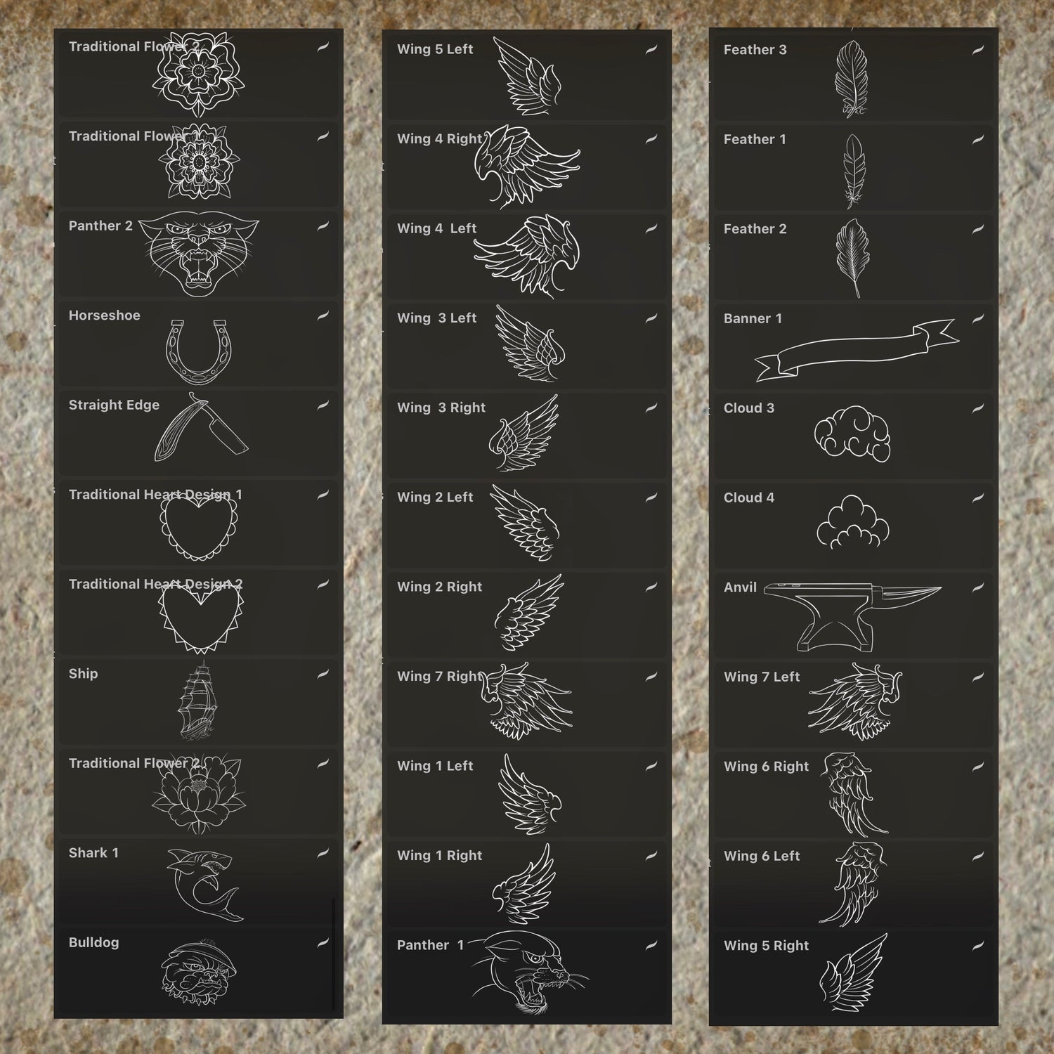 109 classic tattoo flash stamps – roses, skulls, daggers, bulldog, shark, panther for Procreate