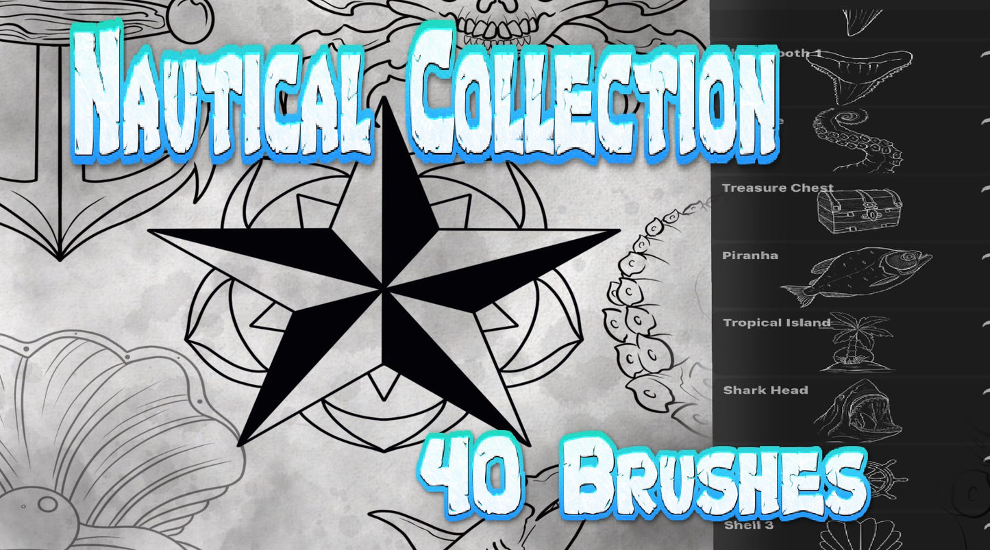 40 nautical tattoo flash stamps—anchors, fish, shells, shark teeth for Procreate