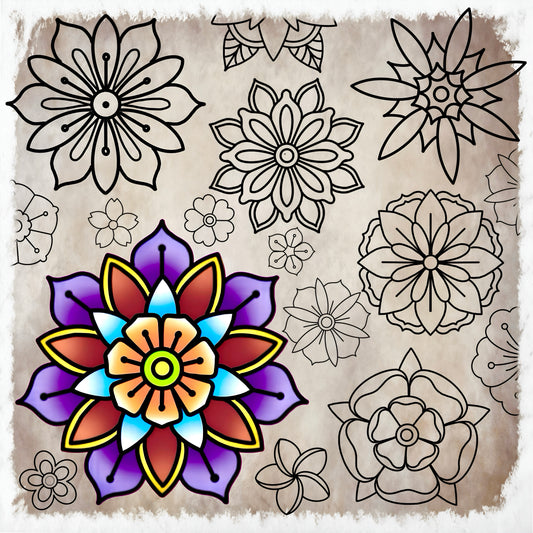 Traditional-style flower flash stamps for Procreate—bold lines, classic shapes