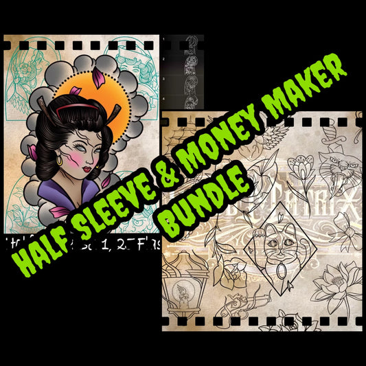 Bundle of 58 half-sleeve & money-maker tattoo flash brush stamps (skulls, tigers, florals) for Procreate