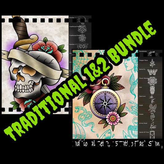 Traditional tattoo flash bundle of 144 Procreate brushes (roses, skulls, daggers, animals