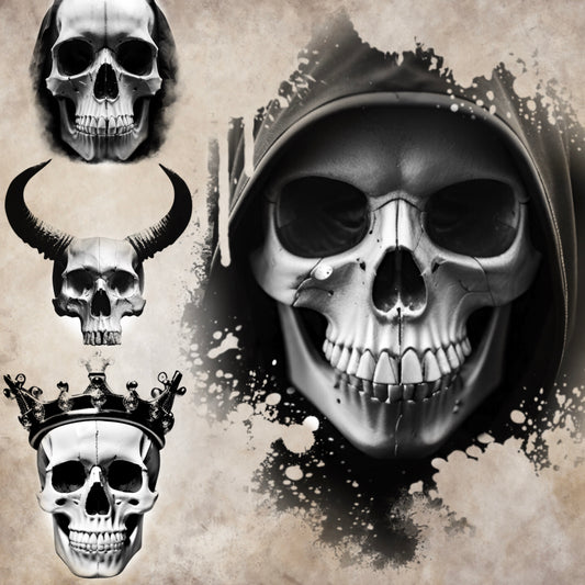 Realistic skull flash stamps for Procreate—angled views, jaw details, and shading-ready designs