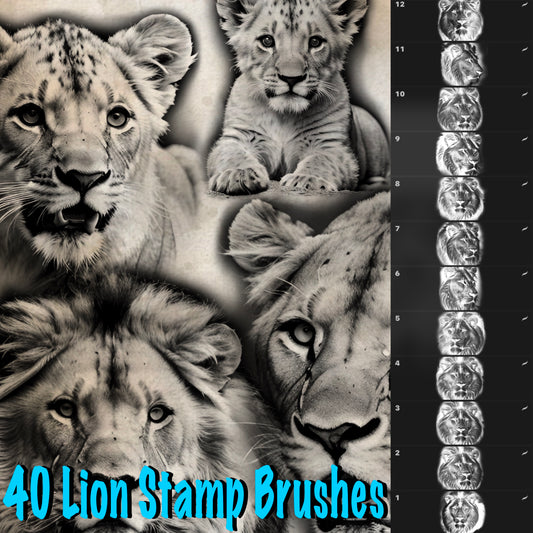 40 high‑res lion stamp brushes for Procreate—capturing detailed manes & expressions
