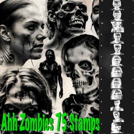 Procreate stamp set with 75 zombie‑themed tattoo flash brushes