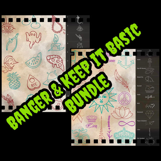 Bundle of 105 basic tattoo flash stamps—bangers and keep‑it‑basic sets—for Procreate