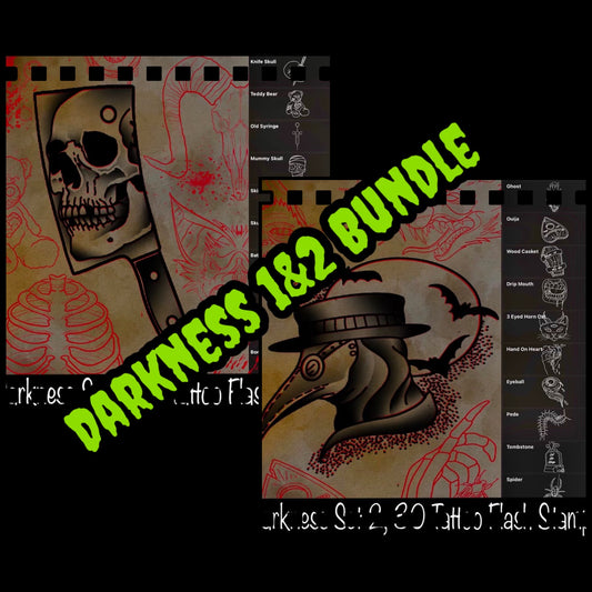 Bundle of 66 dark-themed neo-traditional tattoo flash stamps (vampires, ghosts, plague doctors) for Procreate