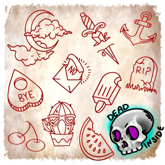 Procreate flash stamp pack of 50 small basic tattoo designs (food, symbols, Halloween