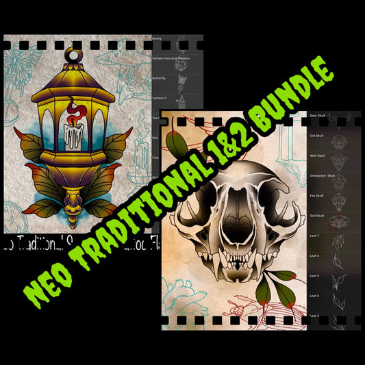 Bundle of Neo‑Traditional Procreate brushes (110 stamps: skulls, insects, birds, flowers, weapons