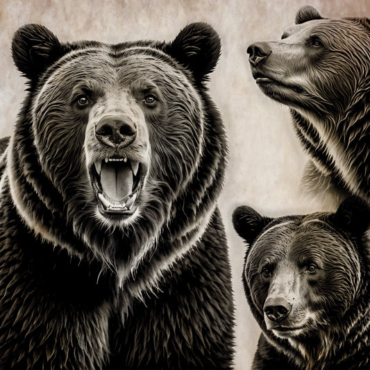 Procreate brush set of realistic bear stamp designs—snarling, posed, and portrait views
