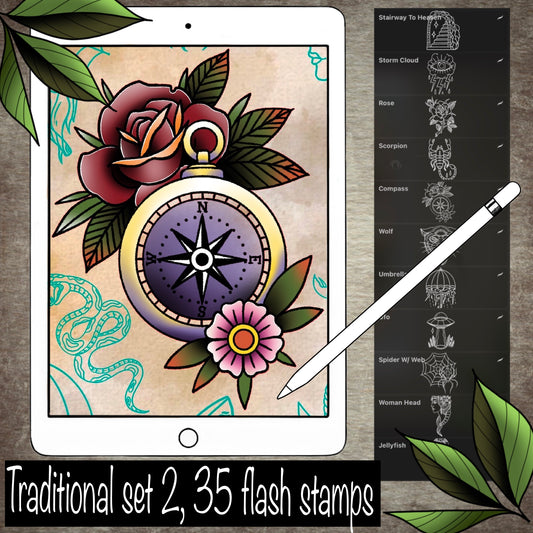 Traditional Set 2, 35 Tattoo Flash Stamps