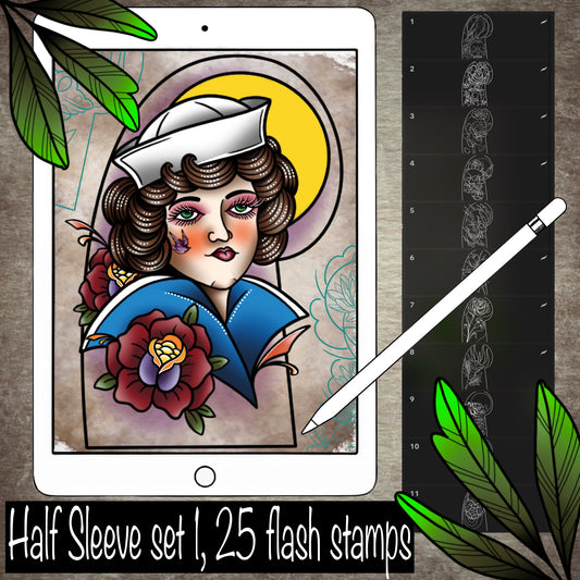 25 half‑sleeve tattoo flash stamps—florals, ornamental motifs for Procreate