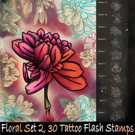 30 second collection of floral tattoo flash stamps for Procreate