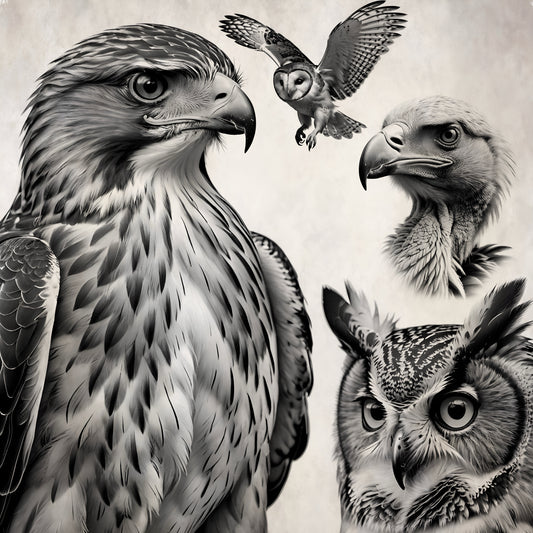 Procreate stamp brush set featuring owls, hawks, vultures and other birds of prey designs